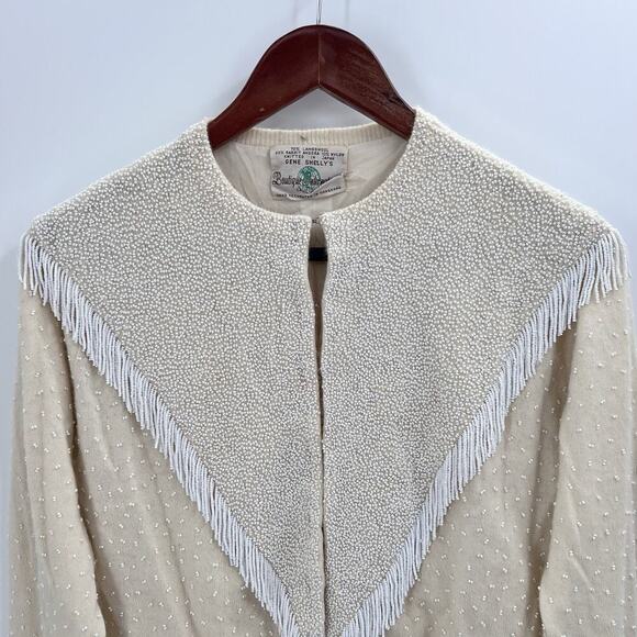 Vintage Gene Shelly's Cream Beaded Fringe Cardigan Sweater Womens Medium - Picture 6 of 16